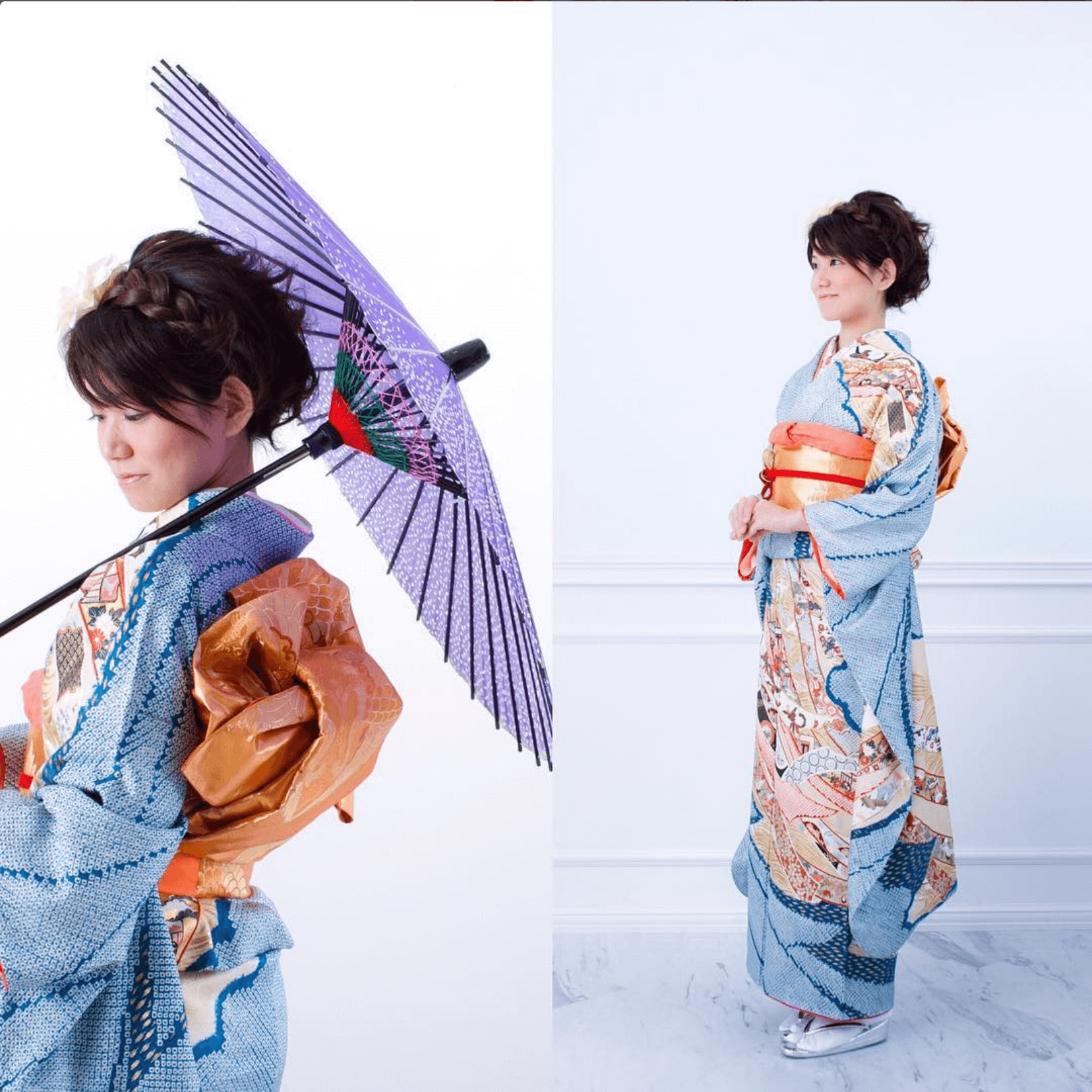 成人式を祝う女性が美しい振袖と紫の傘を持つフォトウエディングスタイル。北九州のフォトスタジオで撮影。